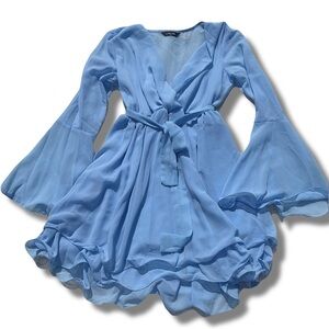 ChickMe Light Blue Dress – Size M | Ruffle Hem & Bell Sleeves | Feminine Chic